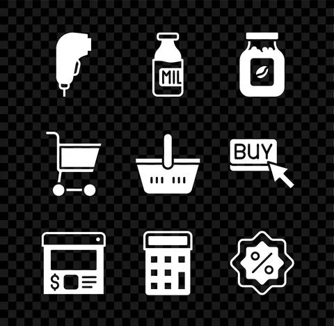 Set Scanner scanning bar code, Bottle with milk, Coffee jar bottle, Online Stock Illustration