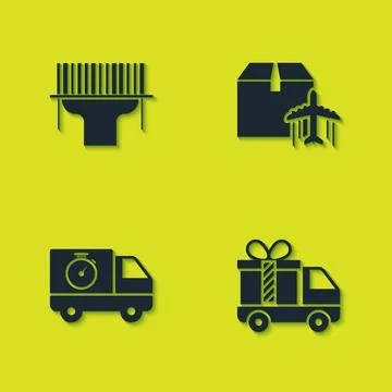 Set Scanner scanning bar code, Delivery truck with gift, and stopwatch and Plane Illustrazione stock