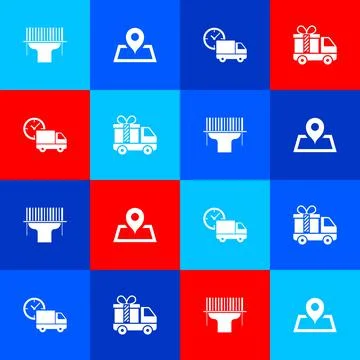 Set Scanner scanning bar code, Placeholder on map, Delivery truck and clock and Stock Illustration