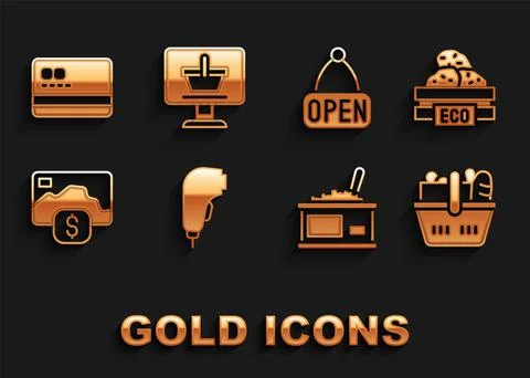 Set Scanner scanning bar code, Wooden box for fruits, Shopping basket and food Stock Illustration