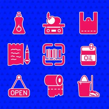 Set Scanner scanning bar code, Toilet paper roll, Mop and bucket, Bottle of Stock Illustration