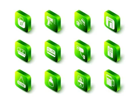 Set Scanner scanning bar code, POS terminal with credit card, Fire exit, Percent イラスト素材