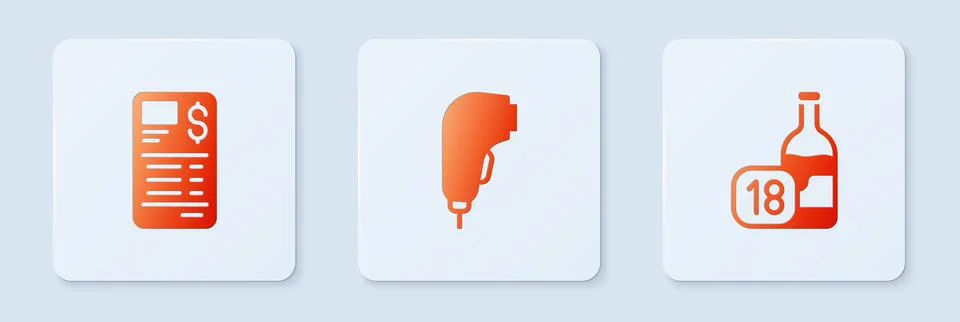 Set Scanner scanning bar code, Paper or financial check and Wine bottle. White Illustrazione stock