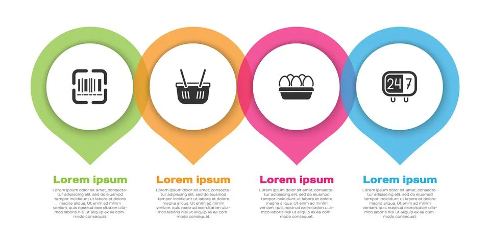 Set Scanner scanning bar code, Shopping basket, Chicken egg box and Clock 24 Stock Illustration