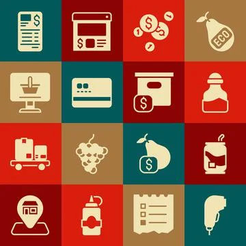 Set Scanner scanning bar code, Soda, Spice, Coin money with dollar, Credit card Stock Illustration