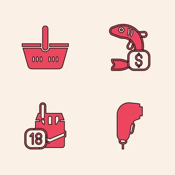 Set Scanner scanning bar code, Shopping basket, Price tag for fish and Illustrazione stock