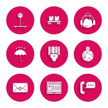 Set Scanner scanning bar code, Laptop with app delivery tracking, Telephone Illustrazione stock