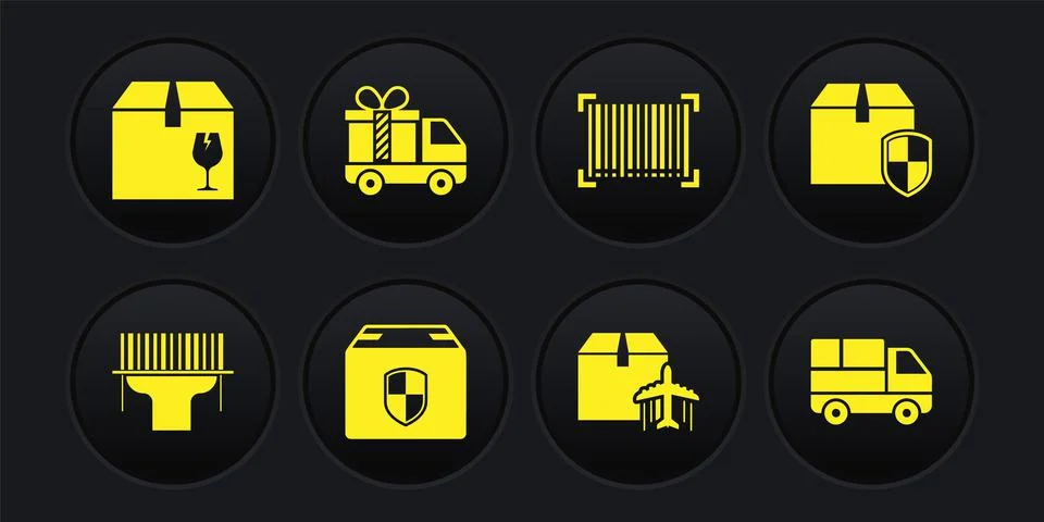 Set Scanner scanning bar code, Delivery box security shield, Plane and cardbo Illustrazione stock