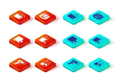 Set Scanner scanning bar code, Whiskey bottle, Delivery cargo truck, Mop and  Illustrazione stock