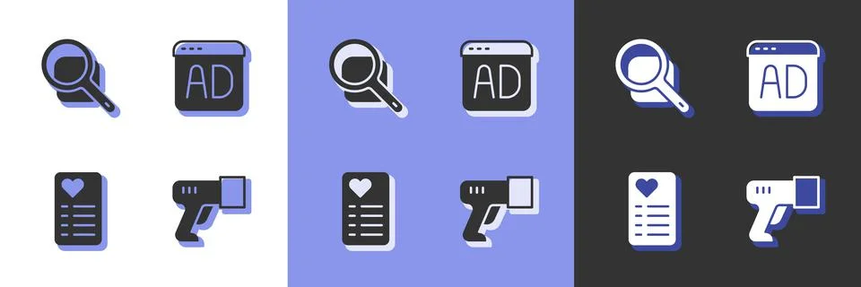 Set Scanner scanning bar code, Magnifying glass, Shopping list and Advertisin Stock Illustration