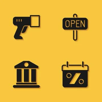 Set Scanner scanning bar code, Discount percent tag, Bank building and Hanging Stock-Illustration