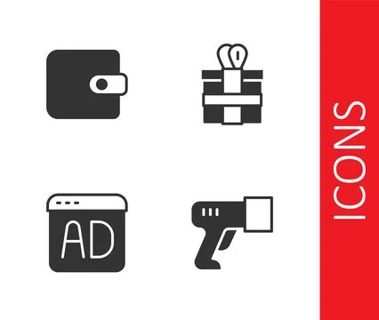 Set Scanner scanning bar code, Wallet, Advertising and Gift box icon. Vector Stock Illustration