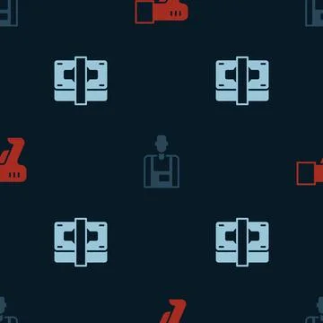 Set Scanner scanning bar code, Seller and Stacks paper money cash on seamless Illustrazione stock