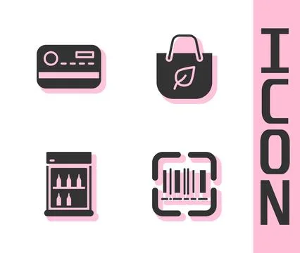 Set Scanner scanning bar code, Credit card, Commercial refrigerator and Shopping Stock Illustration