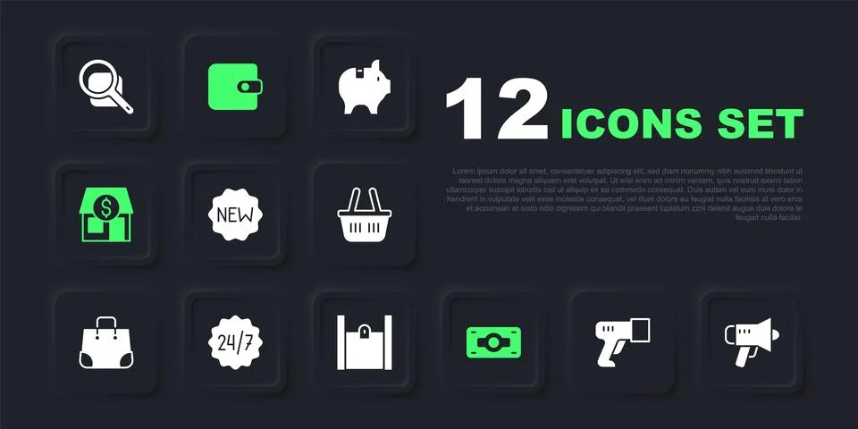 Set Scanner scanning bar code, Megaphone, Price tag with New, Stacks paper .. Illustration