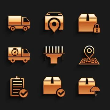 Set Scanner scanning bar code, Package box with check mark, Delivery packag.. イラスト素材