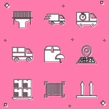 Set Scanner scanning bar code, Delivery truck movement, and stopwatch, with.. Stock-Illustration