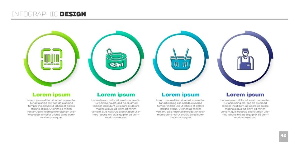 Set Scanner scanning bar code, Canned fish, Shopping basket and Seller. Bus.. Illustrazione stock