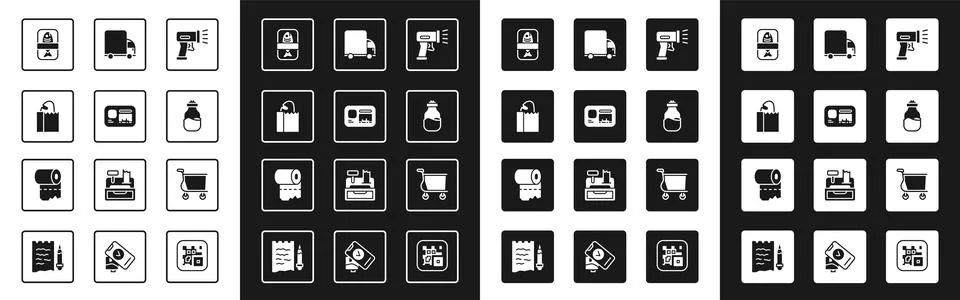 Set Scanner scanning bar code, Identification badge, Paper bag with bread l.. Illustrazione stock