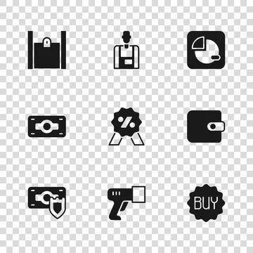 Set Scanner scanning bar code, Wallet, Buy button, Discount percent tag, Pi.. Stock Illustration