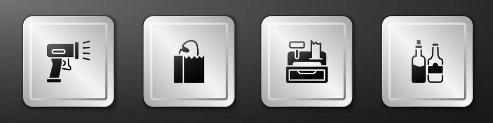 Set Scanner scanning bar code, Paper bag with bread loaf, Cash register mac.. Stock Illustration