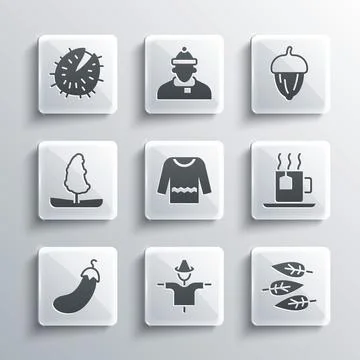 Set Scarecrow, Leaf or leaves, Cup of tea with tea bag, Sweater, Eggplant, Tree Stock Illustration