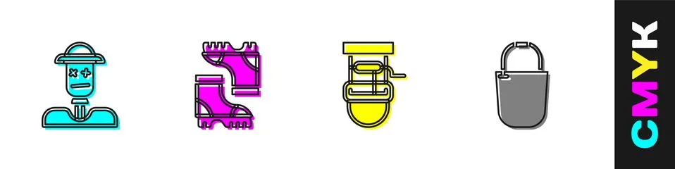 Set Scarecrow, Waterproof rubber boot, Well with bucket and Bucket icon. Vector Illustration