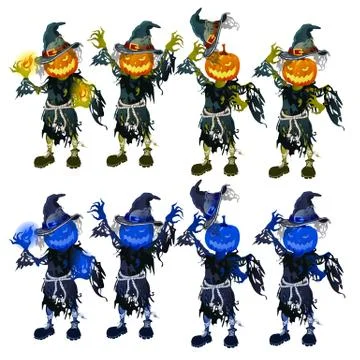 A set of scarecrows with heads in the form of pumpkins. The attributes of the Stock Illustration