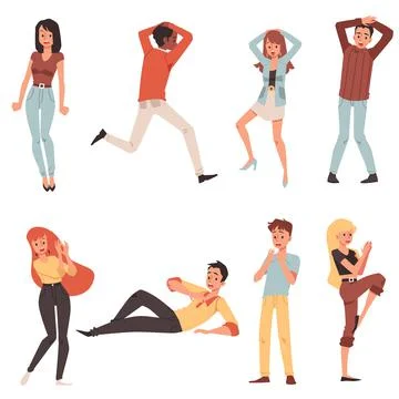 Set of scared characters men and women with expression panic fear on face. イラスト素材