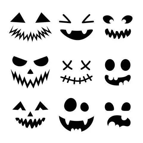 Set of scary and funny faces for Halloween pumpkin or ghost. Jack-o-lantern f Stock Illustration