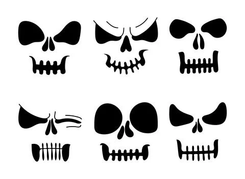 Set scary faces skulls line art. Hand drawn doodle illustration. Stock Illustration