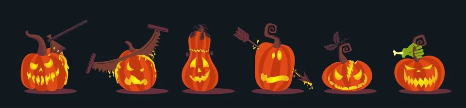 Set of scary Halloween pumpkins. Jackolanterns Stock Illustration