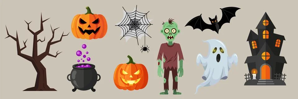 A set of scary items for celebrating Halloween. Halloween elements Vector g.. Stock Illustration