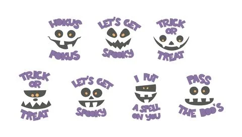 Set of scary monster faces, quotes. Vector black carving ghost masks, phrases Stock Illustration