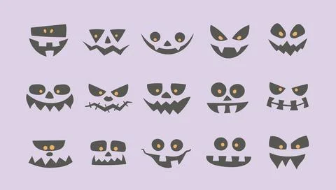 Set of scary monster faces. Vector black carving ghost masks for party, event Stock Illustration