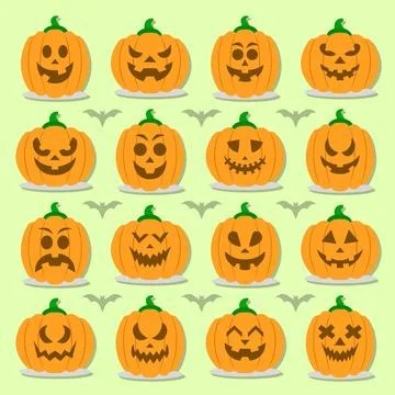 Set scary pumpkins, flat style vector spooky creepy pumpkins. Stock Illustration