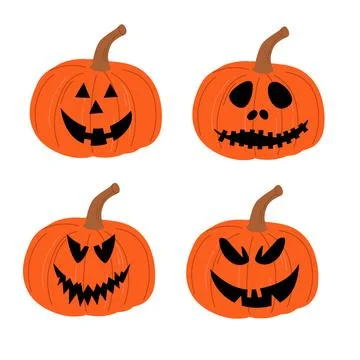 Set of scary pumpkins on white background. Jack-o-Lantern. Orange pumpkin with Stock Illustration