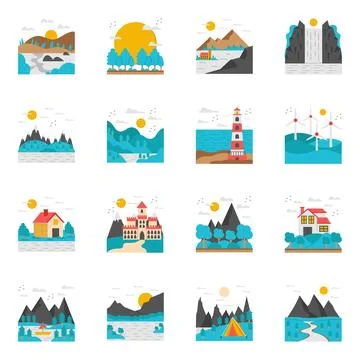 Set of Scenery Flat Icons Stock Illustration