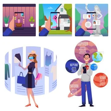 Set of scenes about people using augmented reality technologies flat style Stock Illustration