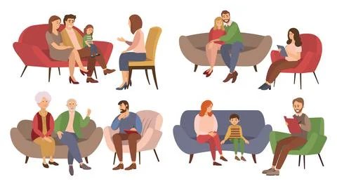 A set of scenes about psychotherapy sessions. People sit at the reception of a Stock Illustration