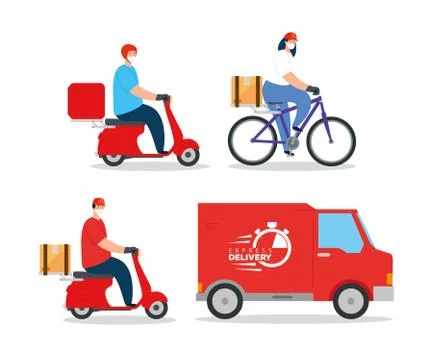 Set scenes delivery workers using face mask and van vehicle Illustrazione stock
