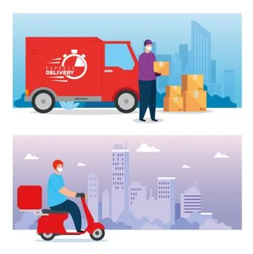 Set scenes delivery workers using face mask Illustrazione stock