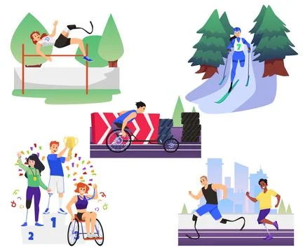 Set of scenes with disabled athletes flat style, vector illustration 스톡 일러스트