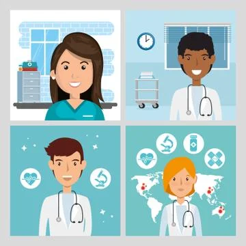 Set scenes of doctors and paramedic female Stock Illustration