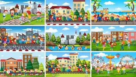 Set of scenes in nature setting Ilustración de archivo