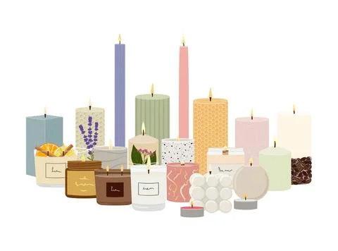 Set of scented burning candles stand together. Beeswax, paraffin, soy, coco.. Stock Illustration