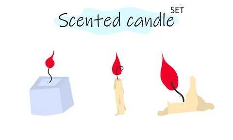 A set of scented candles with a burning fire. Candles for interior, lighting and Ilustración de archivo