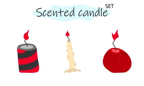 A set of scented candles with a burning fire. Candles for interior, lighting and Stock Illustration