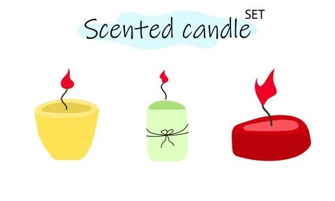 A set of scented candles with a burning fire. Candles for interior, lighting and Illustration