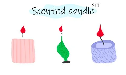 A set of scented candles with a burning fire. Candles for interior, lighting and 스톡 일러스트